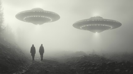 Two people walking in a foggy field with two UFOs in the sky