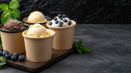 Creative arrangement of brown ice cream paper cups with lids showcasing versatility for desserts at a cozy gathering