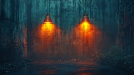Fototapeta premium Two lighted lamps are on a wall in a dark room