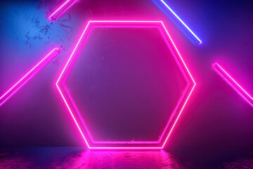 Neon sign with a pink and blue hexagon in the middle. The sign is surrounded by neon lights