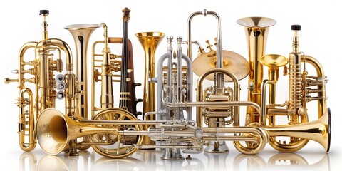 Wide angle photo of various wind musical instruments including trumpets flutes saxophones trombones clarinets and oboes isolated on a white background, clarinets