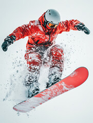 Snowboarder Performing Stunt in Mid-Air with Red Gear