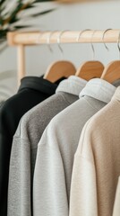 Fototapeta premium Stylish plain hoodies in various shades of gray, beige, and brown elegantly displayed on a rack in a minimalist setting