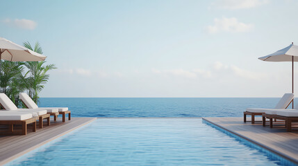 Fototapeta premium A serene infinity pool overlooking a tranquil ocean, surrounded by modern lounge chairs and umbrellas under a clear blue sky, perfect for relaxation and vacation vibes.