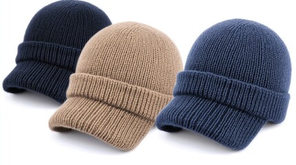 Layered solid-color beanies in a studio setting showcasing textures and craftsmanship for winter fashion enthusiasts