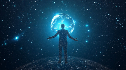 Obraz premium A vector illustration of a man and planet Earth, represented through wireframe mesh structures, connected by intricate lines and points. The design showcases the human figure alongside a polygonal rep
