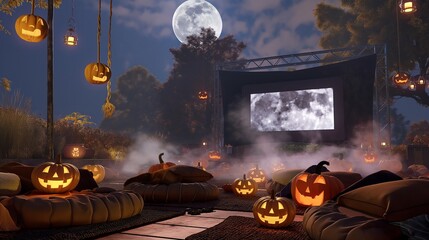 A spooky outdoor movie night scene featuring a large screen playing a Halloween film, surrounded by soft seating with blankets and cushions. Jack-o'-lanterns 