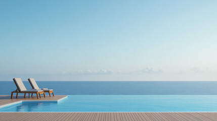 Obraz premium A serene poolside view featuring two lounge chairs overlooking a calm ocean and clear blue sky, perfect for relaxation and vacation vibes.