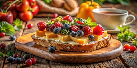 Fototapeta premium Candid Breakfast Photography of Sticker Sandwich with Cheese and Fresh Berries for Food Lovers