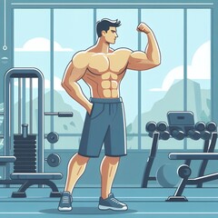 Fototapeta premium vector art An image of a strong man making fitness exercises to his biceps against the background of a modern gym interior