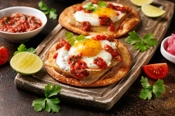 Huevos Rancheros tostadas with fried egg, tomato salsa, bean paste and cheese on wooden board