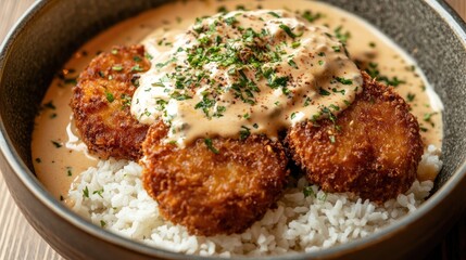 Crispy Fried Patties with Creamy Sauce over Rice