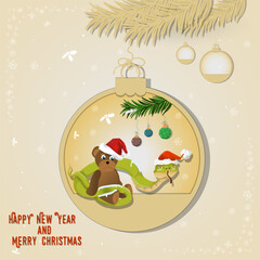 Illustration of the New Year and Christmas A snake wraps around a bear toy in a Christmas tree ball hanging on a branch