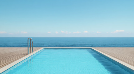 Obraz premium A tranquil swimming pool overlooking a serene ocean, under a clear blue sky. Perfect for relaxation and refreshing summer getaways.