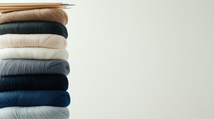 A tower of cool blue and gray yarn with knitting needles rests elegantly on a clean white backdrop, highlighting their textures and hues