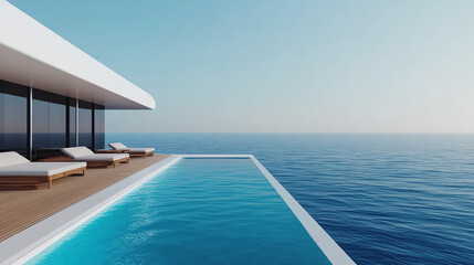 Fototapeta premium Modern infinity pool overlooking the ocean at a luxurious villa, featuring a minimalist design and serene atmosphere, perfect for relaxation and leisure.