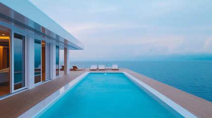 Fototapeta premium Modern luxury villa with a stunning infinity pool overlooking the ocean during twilight, creating a serene and tranquil atmosphere for relaxation and leisure.