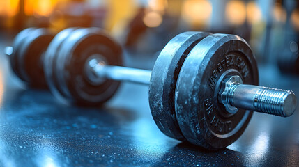 A close-up view of a weightlifting dumbbell resting on a gym floor in a fitness center during morning hours