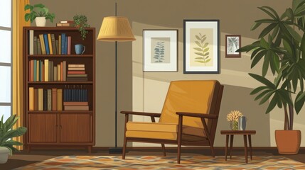 Cozy living room with a bookshelf, plants, and comfortable seating.