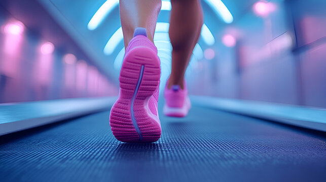 Person running on a treadmill in a modern gym with colorful lighting during evening workout session