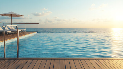 Fototapeta premium Serene view of an infinity pool at sunset, with a clear sky and gentle waves in the background. Perfect for showcasing relaxation and peaceful vacation experiences.
