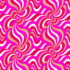 Pink psychedelic seamless pattern featuring retro 70s, 90s, and 00s styles. Groovy waves and abstract geometric textures perfect for textiles, paper, and fabric designs. Bold and vibrant look.