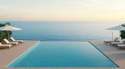Fototapeta premium Stunning infinity pool overlooking serene ocean views, featuring sun loungers and umbrellas on a tranquil terrace, perfect for relaxation and leisure.