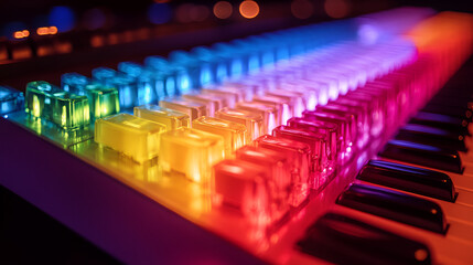 Fototapeta premium A colorful illuminated keyboard creates a vibrant atmosphere for music production in a studio setting during the evening