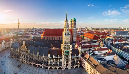 Fototapeta premium aerial view of munchen at spring marienplatz new town hall and frauenkirche