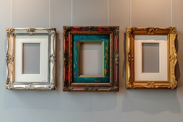 A number of picture frames hanging on a wall
