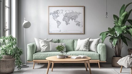 Cozy living room with a map, plants, and modern decor.