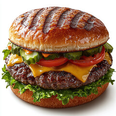 A mouthwatering hamburger with fresh ingredients, including lettuce, cheese, tomatoes, and pickles, on a clean background, perfect for stock photography and food-related content