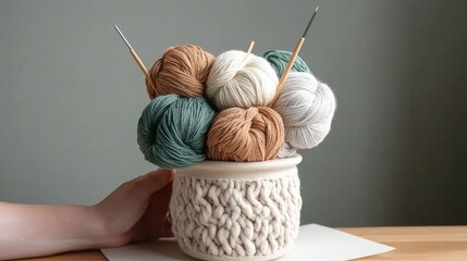 A creative bouquet of yarn and knitting needles showcasing earthy tones held in a cozy setting perfect for crafting moments