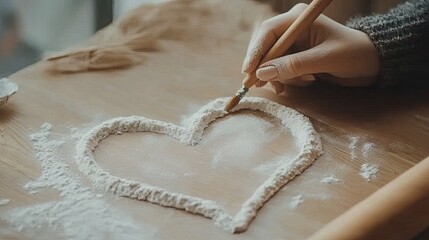 A heart-shaped flour design formed with a rolling pin, showcasing the joy of baking in a bright kitchen environment
