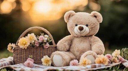 A teddy bear sitting on a picnic blanket with a wicker basket full of flowers, enjoying a sunset in a serene outdoor setting with a warm and inviting atmosphere
