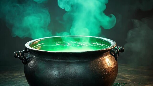 A cauldron filled with green liquid and wispy green smoke sits on a dark surface