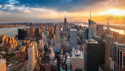 Obraz premium aerial view of new york city manhattan at sunset