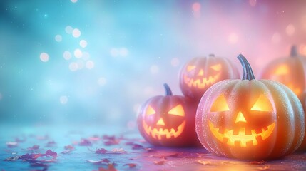 Group of Glowingly Carved Jack-o'-Lanterns in Autumn