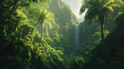 Obraz premium Lush Tropical Rainforest with Serene Waterfall