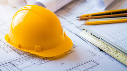 A yellow construction helmet on top of technical blueprints, accompanied by pencils and measuring tools, symbolizing the intersection of safety and design in the construction indus
