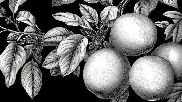 A close-up of three apples on a branch, surrounded by leaves, in a black and white illustration