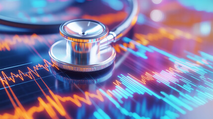 A modern stethoscope placed over a fluctuating data chart, merging the concepts of health monitoring and financial performance. The orange and blue lines on the screen represent da