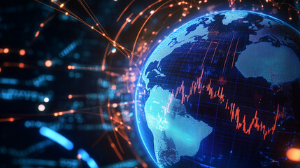 A high-resolution image of a digital Earth surrounded by holographic stock market data and financial metrics, where lines and graphs of fluctuating stocks encircle the globe. The i