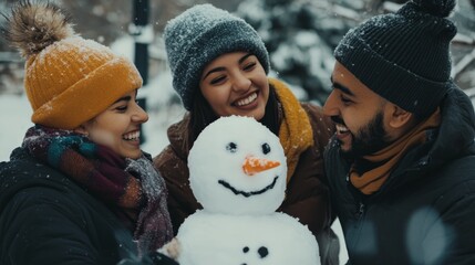 Friends joyfully build a snowman together in a snowy park during winter, creating happy memories in a playful atmosphere