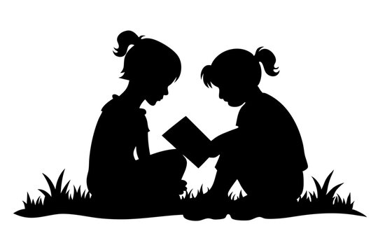 recommend clip art: Siblings sitting in the grass and reading book Silhouette | vector silhouette illustration on white background