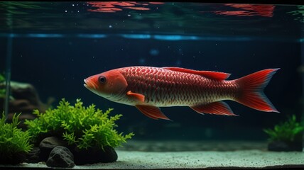 A vibrant red fish with white stripes swims in a freshwater aquarium, surrounded by green plants and rocks.