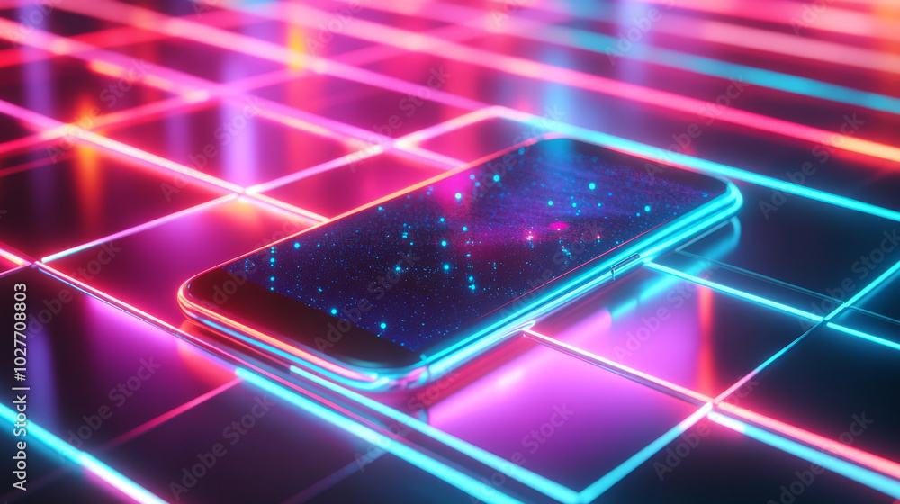 Poster 3d mobile phone within a frame, illuminated by glowing lines, emphasizing advanced technology.