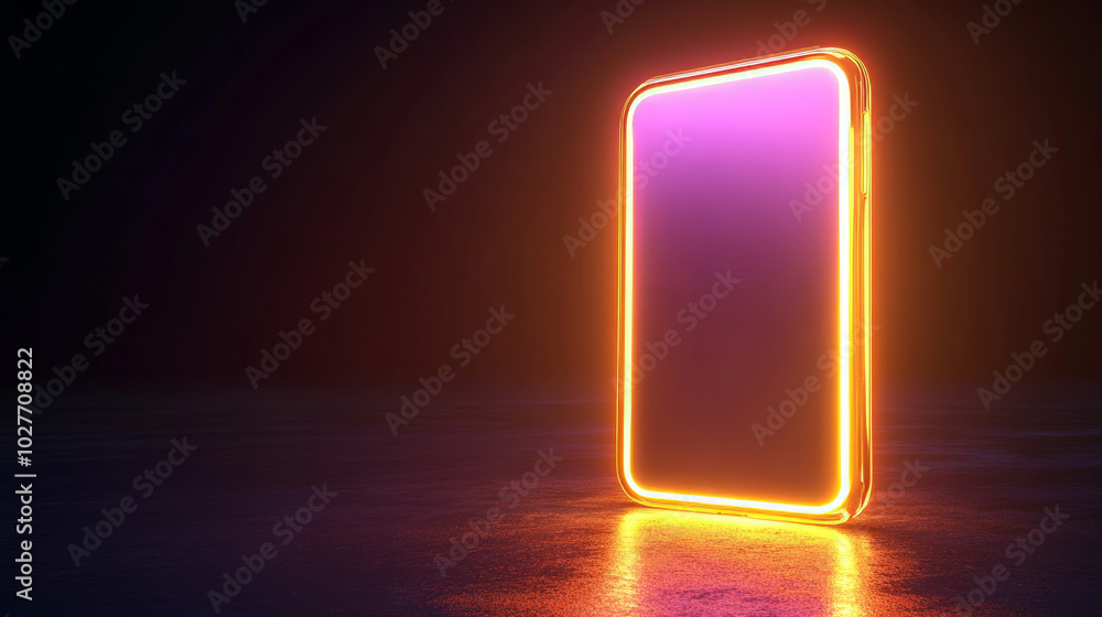 Poster 3d mobile phone within a frame, illuminated by glowing lines, emphasizing advanced technology.