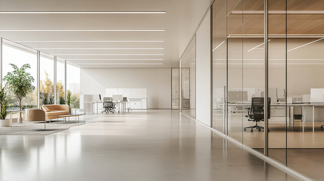 A modern, empty workspace with modular furniture, designed to adapt to different needs. Glass walls and moveable partitions divide the space, with minimalist d&eacute;cor and bright natural light