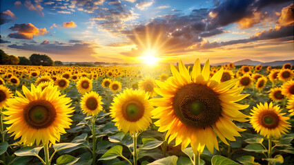 Fototapeta premium Sunflowers Facing the Sun in Field. Perfect for: Summer festivals, harvest season, outdoor gatherings